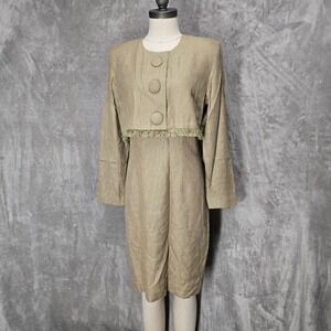 Vtg‎ Steven Stolman Womens 12 Beige One Piece Blazer Dress Career Fringe Tweed